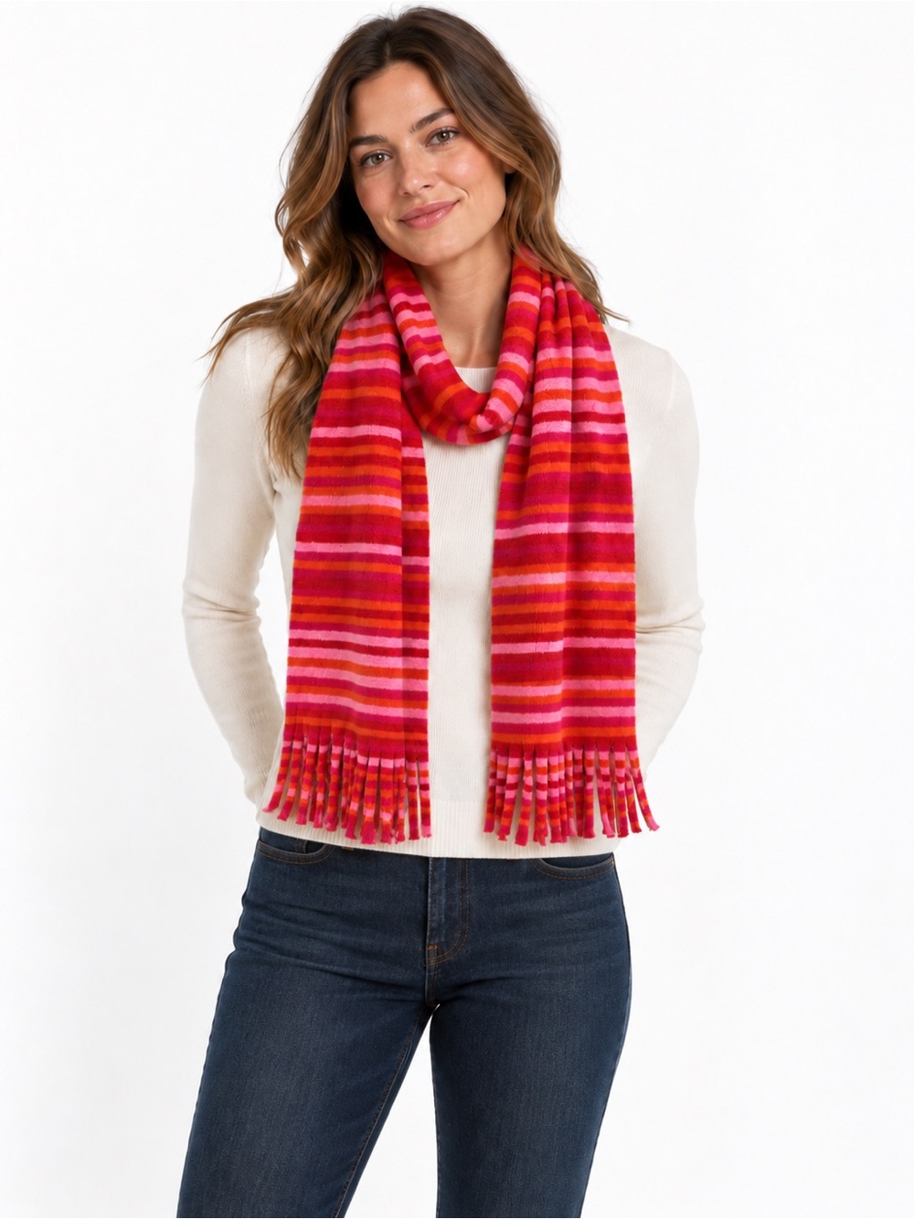 Old Navy Striped Fleece Scarf Pink Red Orange Fringe Y2K Colorful Winter